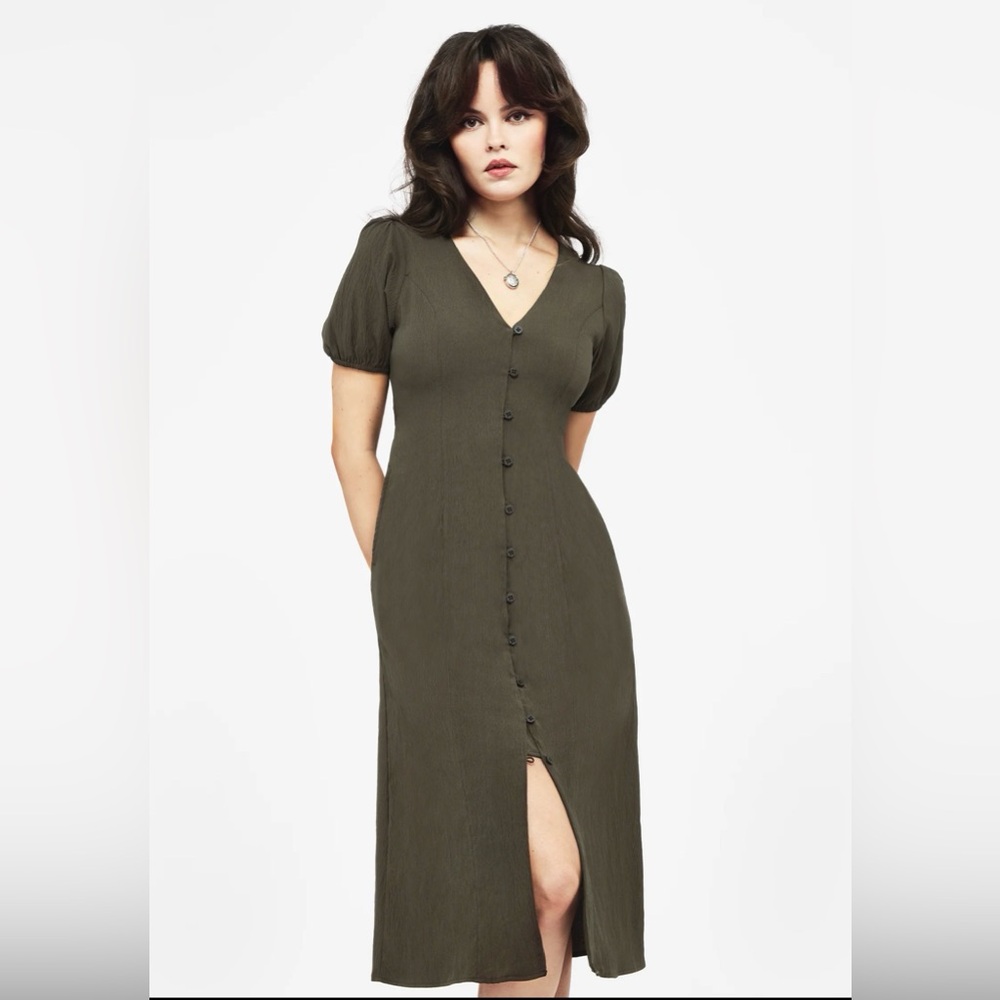 Disturbia Olive Rosette Button Up Midi Dress Size 16 NWT - Picture 3 of 7